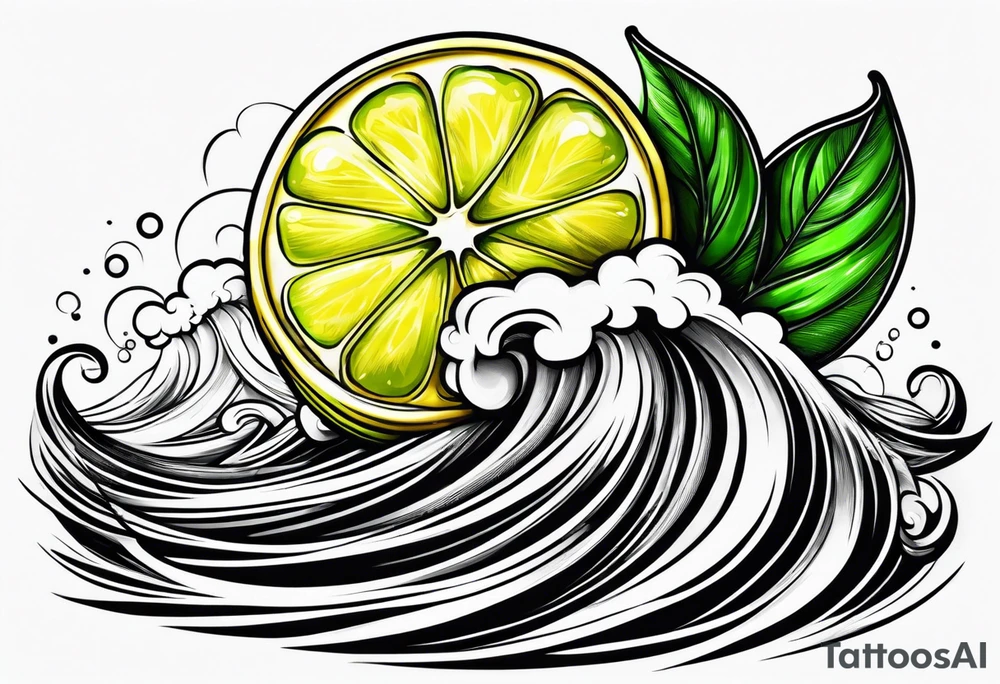 A lemon-Buoy with a green leaf-flag on waves tattoo idea