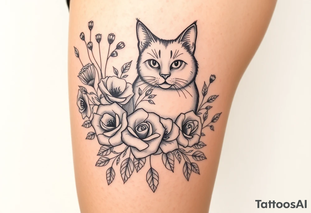 Egyptian cat vintage bouquet of roses and meadow flowers with morning dew tattoo idea