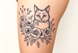 Egyptian cat vintage bouquet of roses and meadow flowers with morning dew tattoo idea