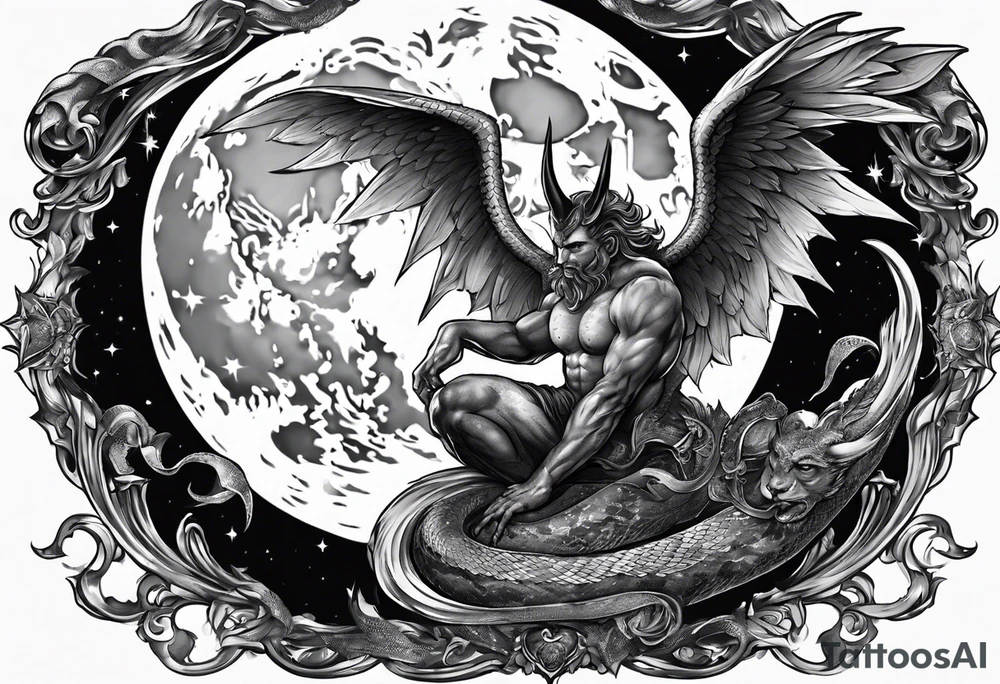 Devil in form of half snake half male angel surround the moon in the night sky tattoo idea