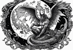 Devil in form of half snake half male angel surround the moon in the night sky tattoo idea