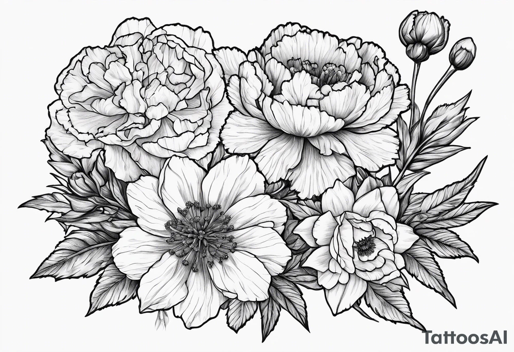 Carnations, aster, daffodil, poppy, hawthorn, larkspur tattoo idea