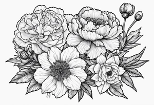 Carnations, aster, daffodil, poppy, hawthorn, larkspur tattoo idea
