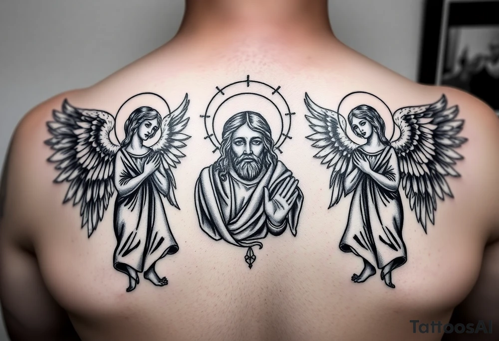 russian orthodox symmetrical guardian angel icon on left and right side of back with both angels holding up a jesus potrait tattoo idea
