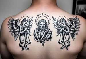 russian orthodox symmetrical guardian angel icon on left and right side of back with both angels holding up a jesus potrait tattoo idea
