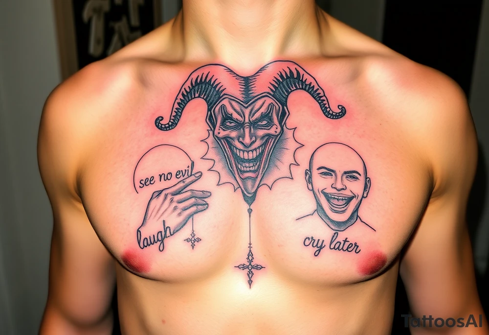 jester see no evil hear no evil speak no evil laugh now cry later together tattoo idea