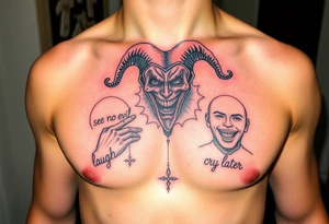 jester see no evil hear no evil speak no evil laugh now cry later together tattoo idea