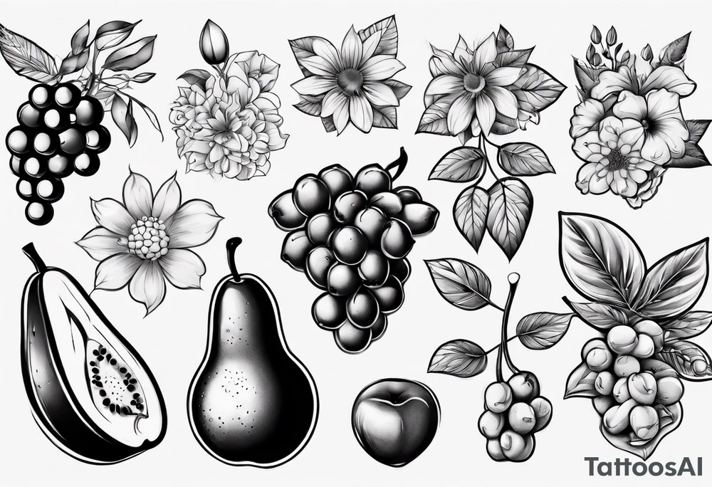 Fruits and flowers tattoo idea