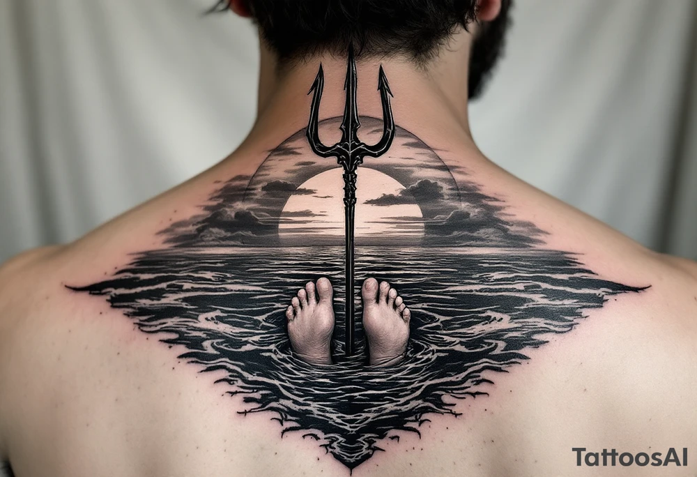 barefeet behind trident with water and sunset tattoo idea
