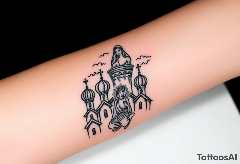 Russian Orthodox church with orthodox spire crosses, with clouds above it and a virgin mary seperately looking over hands on heart sat above tattoo idea