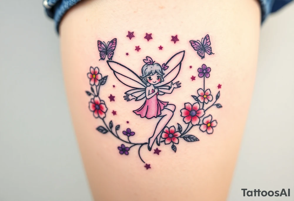 Whimsical fairy surround by pink and purple flowers and butterflies and sparkles tattoo idea