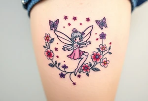 Whimsical fairy surround by pink and purple flowers and butterflies and sparkles tattoo idea