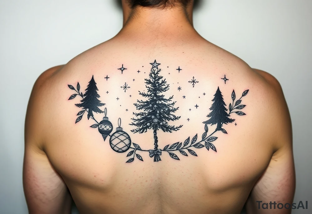 silhouettes of christmas and winter elements surrounded by olive tree and mistletoe ornaments and stars tattoo idea
