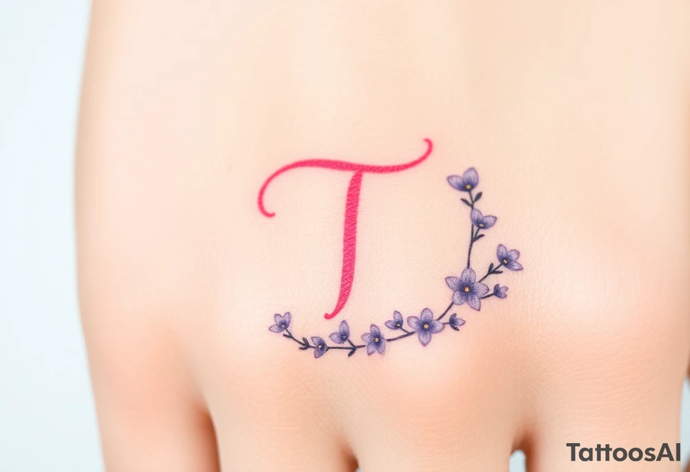 A pastel pink "T" surrounded by tiny lavender blossoms. tattoo idea