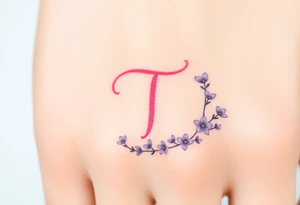 A pastel pink "T" surrounded by tiny lavender blossoms. tattoo idea