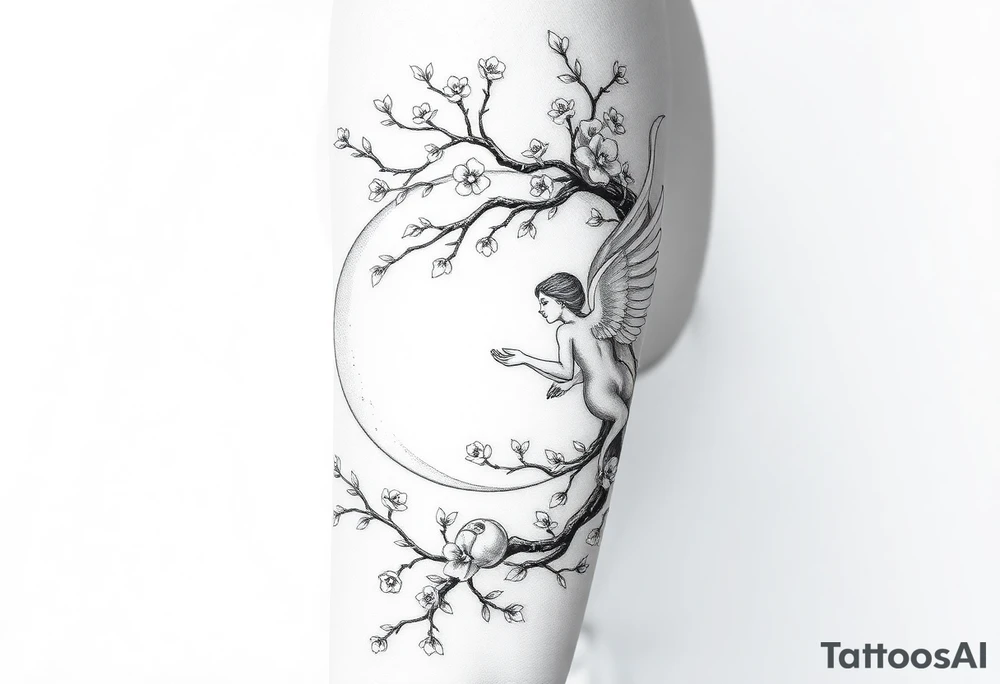 the sun or the moon being wrapped w cherry blossom tree with an angel laying on the moon or lookin at the sun holding its hand out tattoo idea