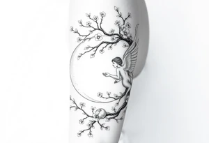 the sun or the moon being wrapped w cherry blossom tree with an angel laying on the moon or lookin at the sun holding its hand out tattoo idea