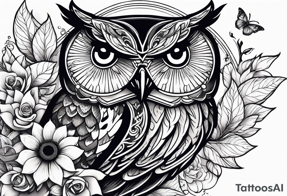 Sleeve with an owl, sunflower and butterfly tattoo idea