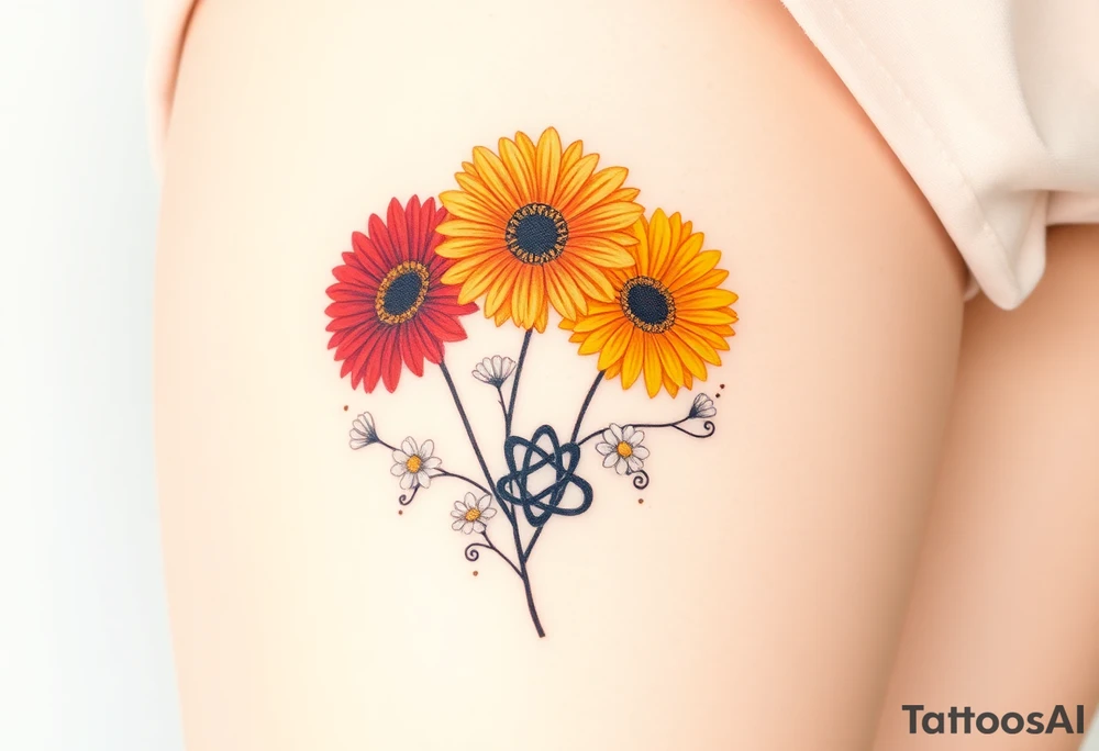 Fine line flower tattoo with three gerbera daisies (red, yellow, and orange) along with smaller white regular daisies. Mix in a Celtic everlasting love knot symbol somehow and maybe some fine line swirls, tendrils, or spirals tattoo idea