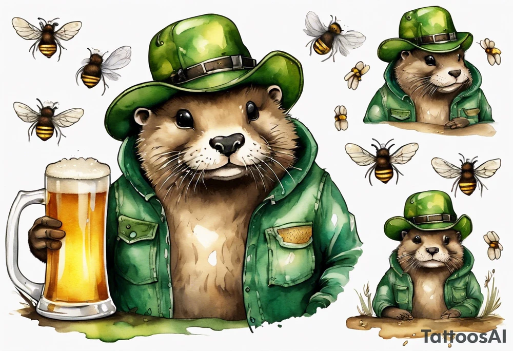 a fat otter wearing green overalls and a tattered straw hat covered in bees, drinking from a tankard of beer tattoo idea