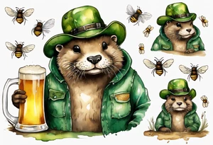 a fat otter wearing green overalls and a tattered straw hat covered in bees, drinking from a tankard of beer tattoo idea