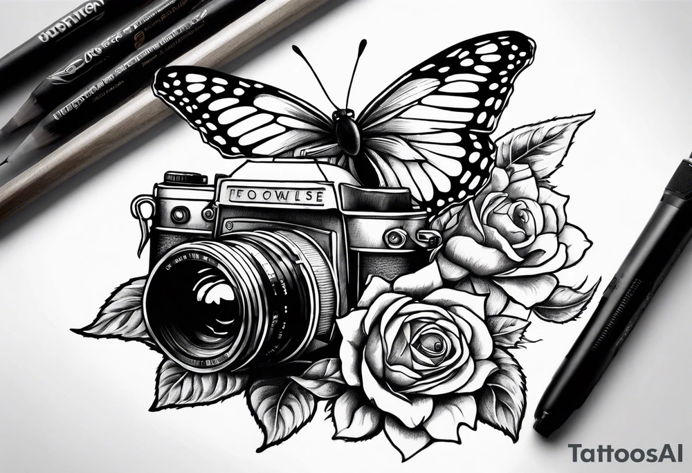 Butterfly, sunflower, camera, book, flower rose tattoo idea Butterfly, sunflower, camera, book, flower rose tattoo idea