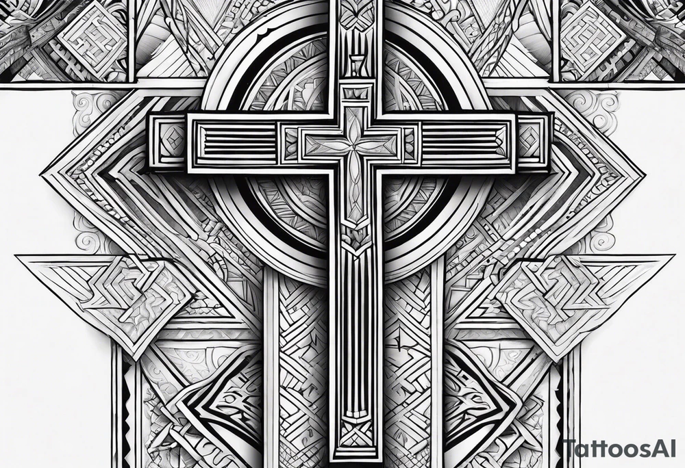 Big cross down the back with samoan patterns tattoo idea