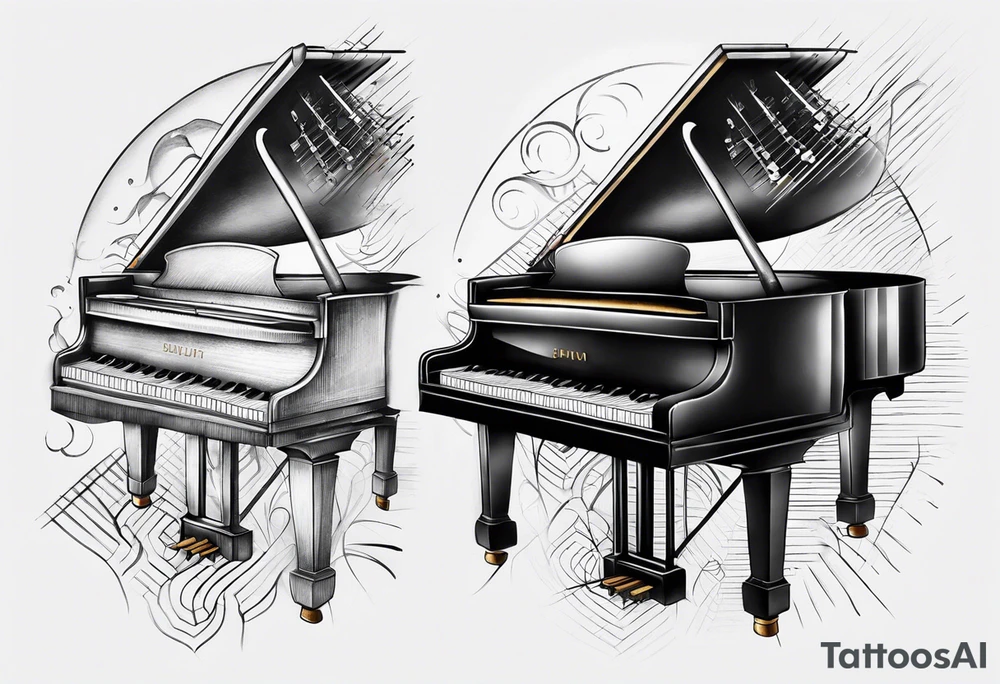 piano keys and drum sticks small on back of arm tattoo idea