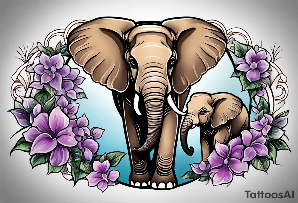 Elephant with baby Elephant holding lilacs tattoo idea