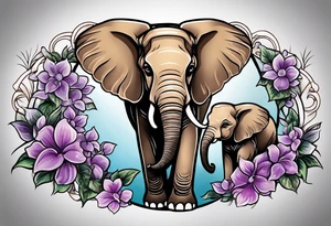 Elephant with baby Elephant holding lilacs tattoo idea