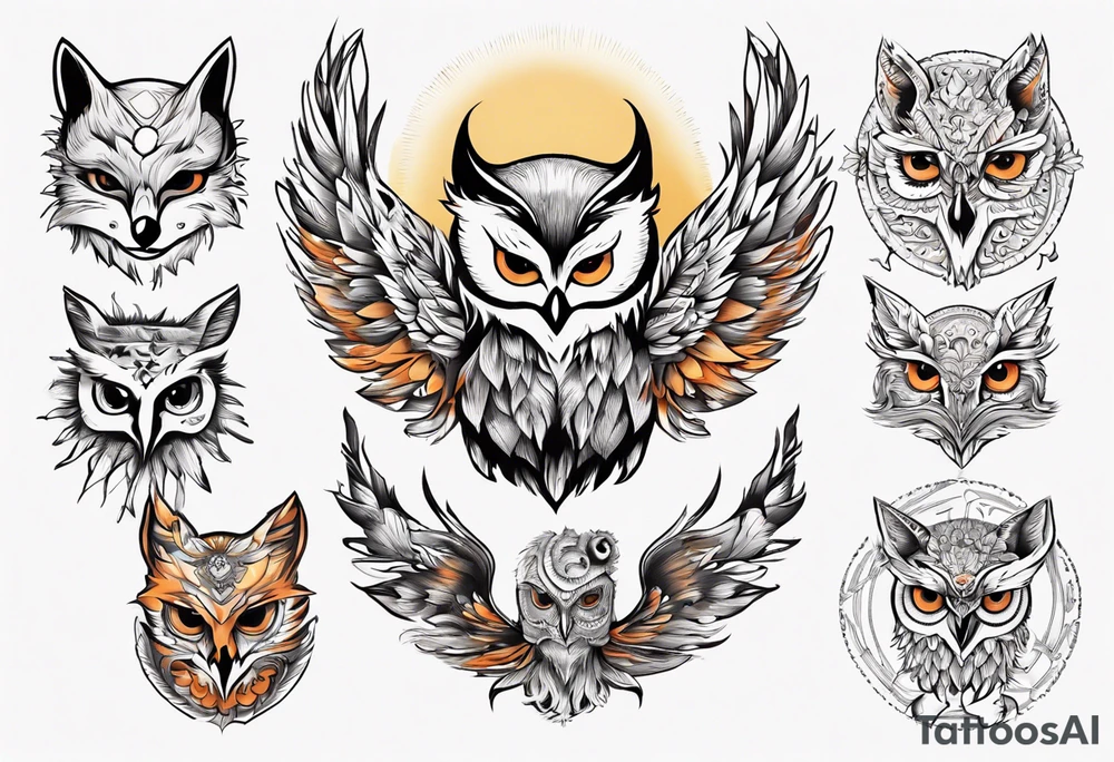 halb 
Fuchs halb Eule unter der Sonne mit dem Schriftzug Sapere Aude tattoo idea