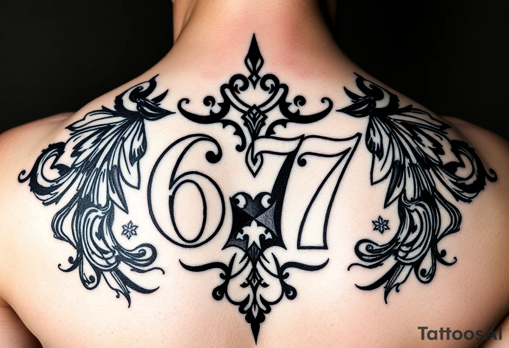 Give me a tattoo that contains the number 677 and add some designs tattoo idea