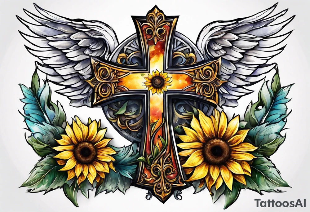 Winged cross with sunflower tattoo idea