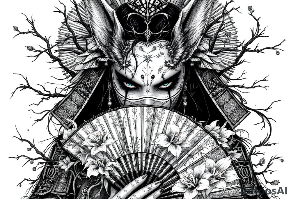 japanese samurai woman wearing a kitsune half-mask and  holding a fan with irises flowers ornement tattoo idea