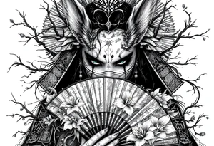 japanese samurai woman wearing a kitsune half-mask and  holding a fan with irises flowers ornement tattoo idea