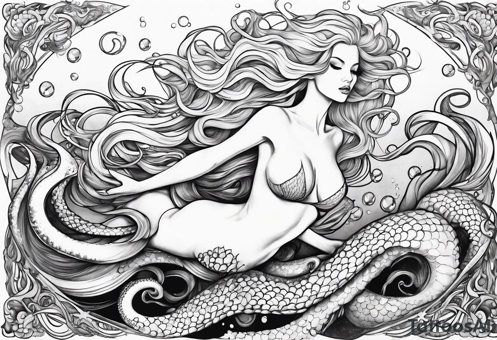 Blond mermaid swinging on a giant octopus tattoo idea