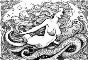 Blond mermaid swinging on a giant octopus tattoo idea