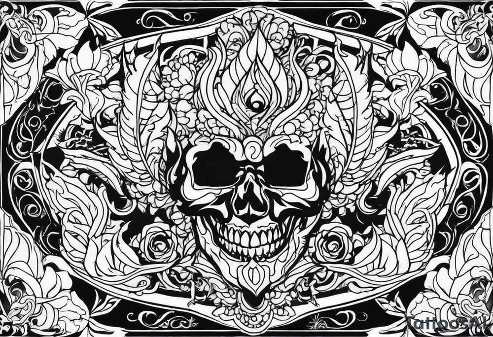 Name KIHURANI with background of skulls and demons while burning tattoo idea