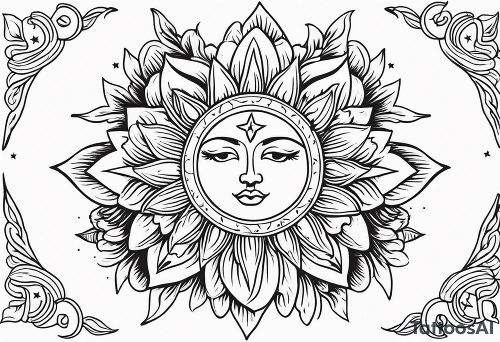 Western floral with sun stars and moon. Mirrored tattoo idea