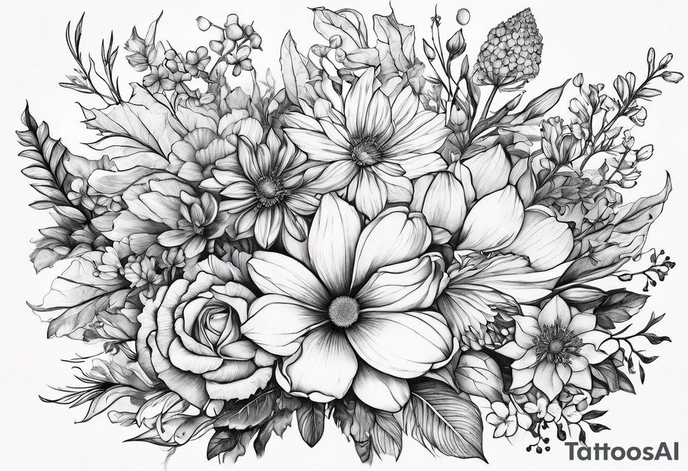 Birth flower bouquet with month’s January, May, November and December tattoo idea