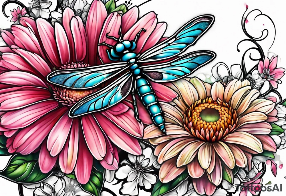 Gerber daisy dragonfly breast cancer ribbon tattoo idea