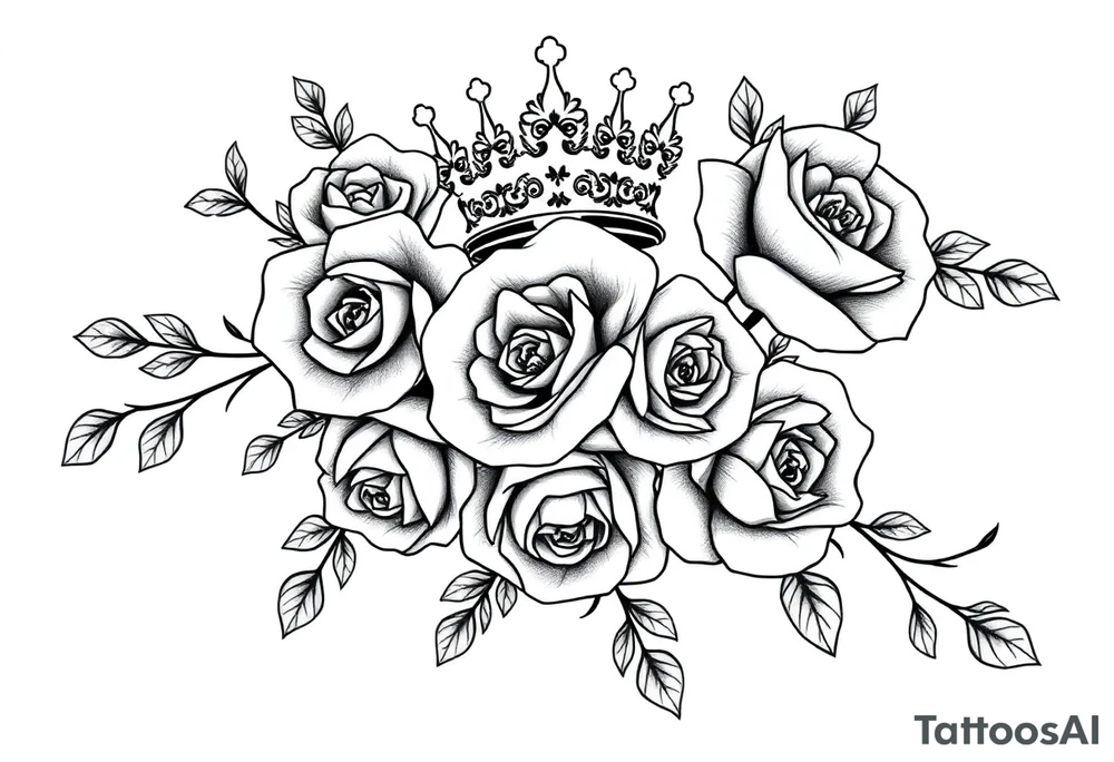 detailed beautiful gothic boho flowers and roses on vine with gorgeous crown ornamental tattoo idea