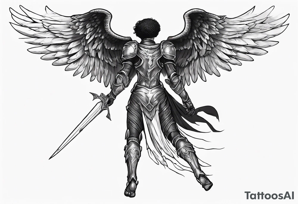 Side view of an black angel wearing inorganic armor that is in mid-air ready to attack tattoo idea