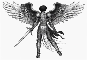 Side view of an black angel wearing inorganic armor that is in mid-air ready to attack tattoo idea