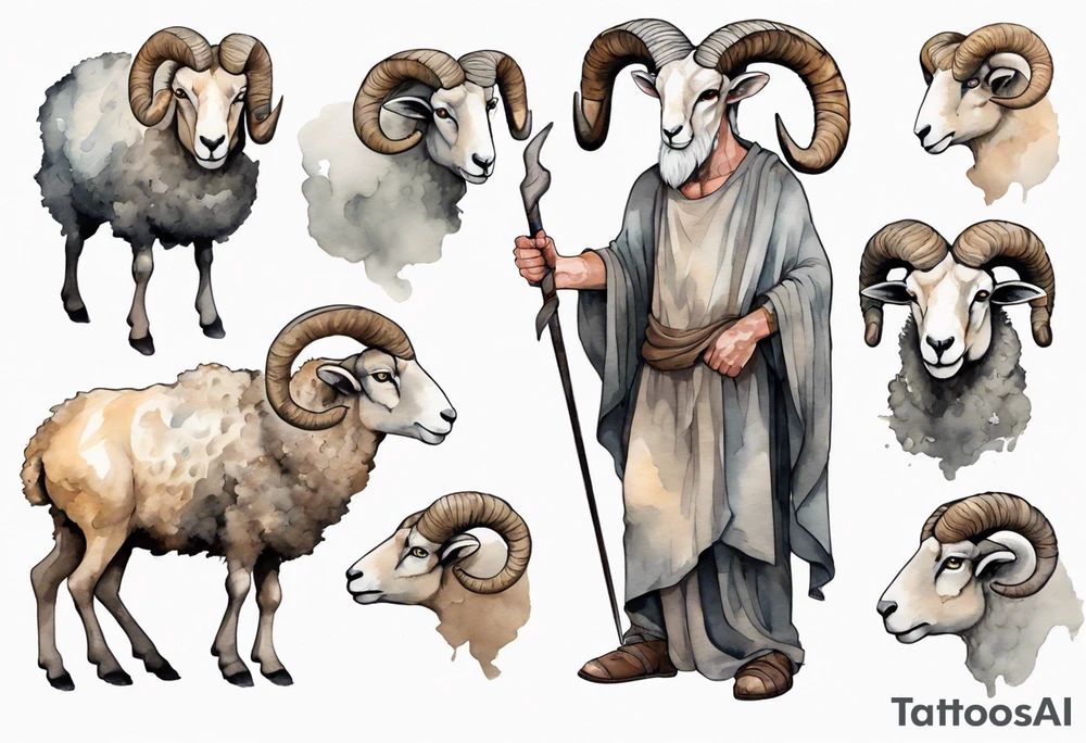a solitary broad-shouldered man with the head of a big-horned sheep, wearing a grey tunic standing before a cave with cloven hooves for feet tattoo idea