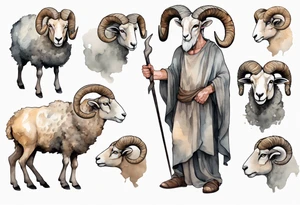 a solitary broad-shouldered man with the head of a big-horned sheep, wearing a grey tunic standing before a cave with cloven hooves for feet tattoo idea