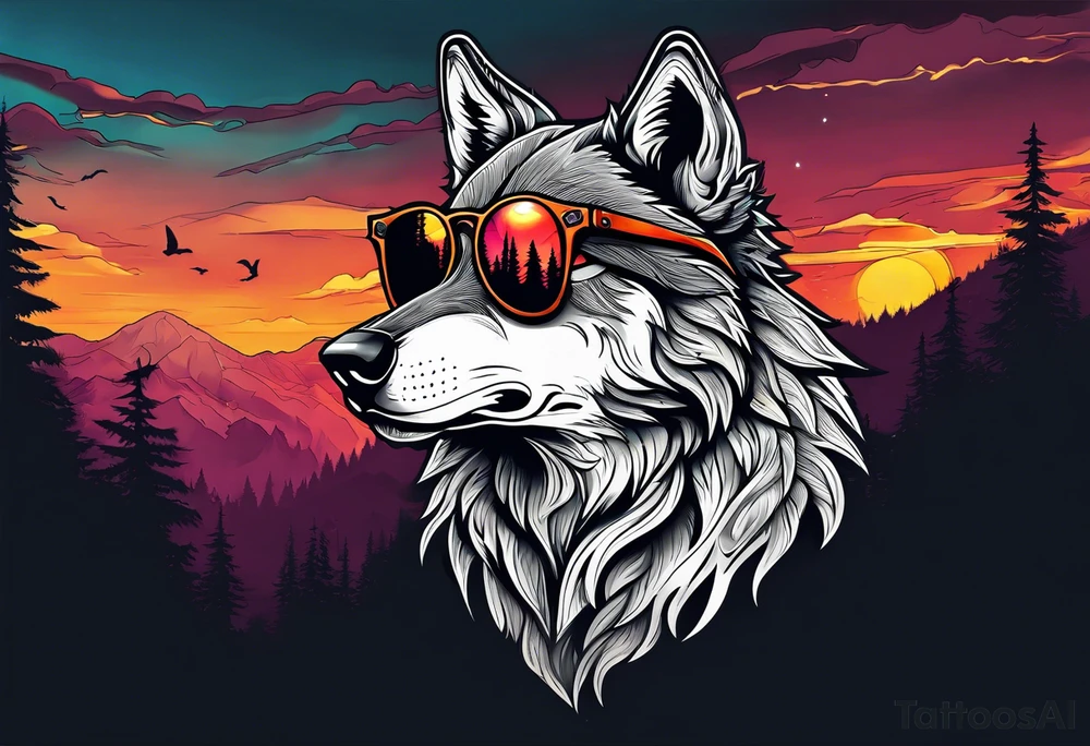 Badass wolf wearing sunglasses
Dark woods
Mountains
Sunset tattoo idea