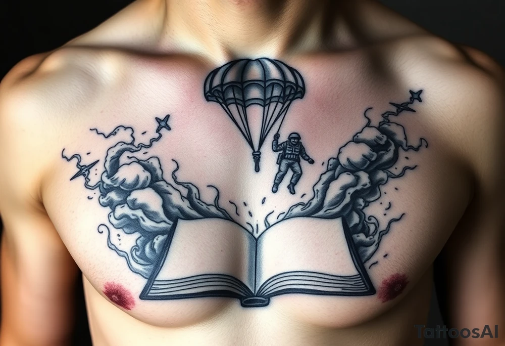 A parachuting soldier landing into an open book. Chaos surrounding, but the book is protecting the soldier from it. On the chest. Make the tattoo smaller. Make it thought provoking. Make the chaos in the environment be an eerie mist. Make the pages in the book be blank. Just one soldier, no other characters. the book is old. tattoo idea
