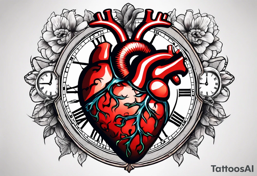 Anatomical heart with clock tattoo idea