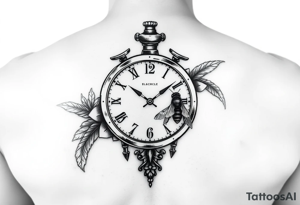 Imaginez un tatouage noir et blanc pour l'avant bras avec horloge affichant 6h40, avec  le Colisé en arrière plan du tatouage  un gladiateur avec une abeille sur le bouclier  une carte de la Corse tattoo idea
